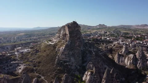 Ancient town and a castle of Uchisar dug from a mountains , Cappadocia, Turkey Stock Footage 201953836