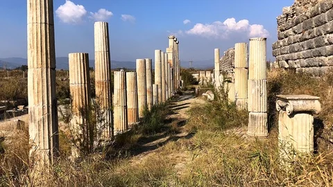 Ancient trade street with rows of column in Magnesia, Turkey. Stock Footage 104194789