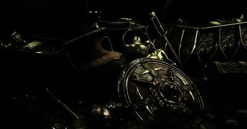 Ancient treasure collection displayed in a dimly lit setting with artifacts Illustration