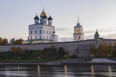 The ancient Trinity Cathedral in the Pskov Kremlin on a early October morning Stock Photos