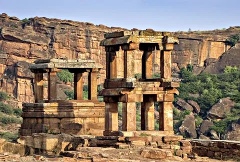 Ancient , two storied observation tower in Badami fort, Karnataka, India. Stock Photos