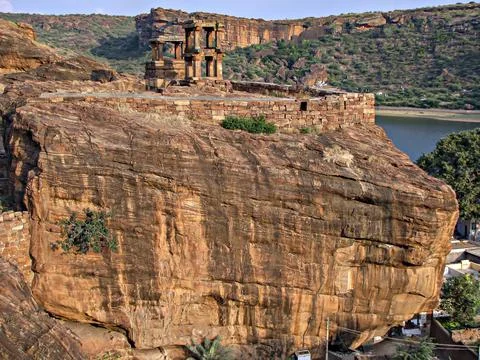 Ancient , two storied observation tower in Badami fort, Karnataka, India. Stock Photos