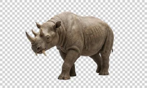 Ancient uintatherium walking side view with facial horns on transparent bac.. Fotos Stock