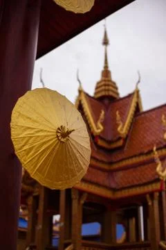 Ancient umbrella in the Thai temple Stock Photos