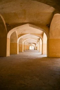 Ancient Vaulted Corridor Inside Historic Medieval Fortress Fotos de archivo