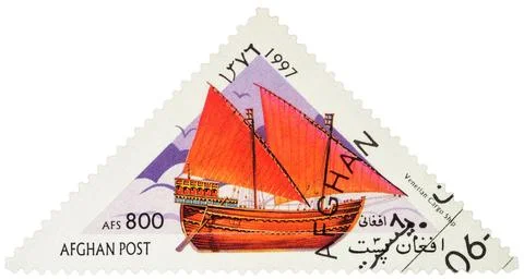 Ancient Venetian cargo ship on postage stamp Stock Photos