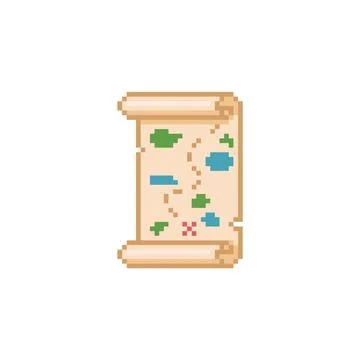Ancient vertical parchment roll map, old paper scroll, vector pixel cartoon open Stock Illustration