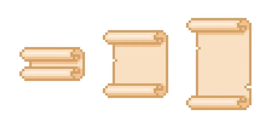 Ancient vertical parchment roll, old paper blank scroll pixel art vector set Stock Illustration