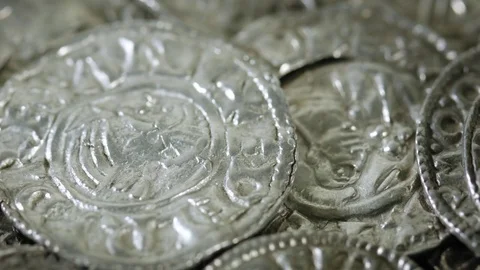 Ancient Viking Age silver coins close up shot Stock Footage 74516649