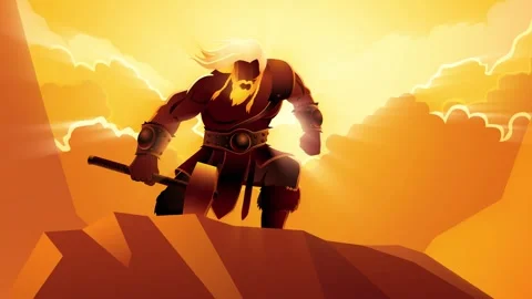 Ancient Viking warrior posing gallantly with his hammer on a rock Stock Footage 292420287