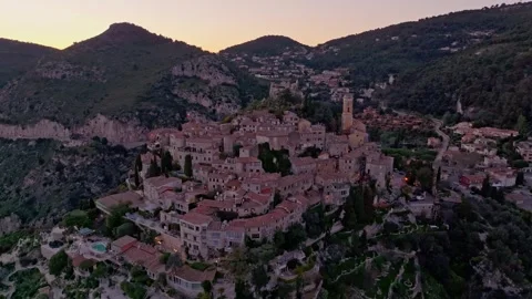 Ancient village of Eze perched above the sea at golden hour, France Stock Footage 310328233