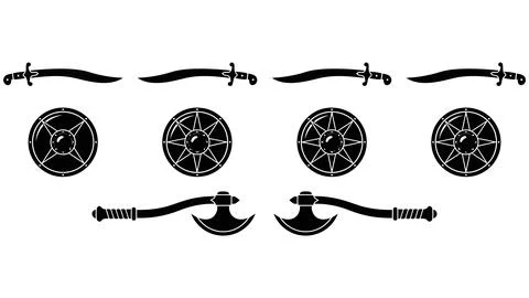 Ancient warfare equipment set featuring curved sabers shields and axes in b.. Stock Illustration