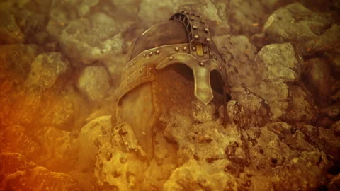 Ancient Warrior Helmet Embedded in a Volcanic Rock Stock Footage 172522718