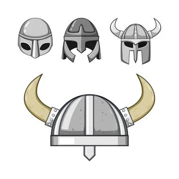 Ancient warrior helmets set with horned design Stock Illustration