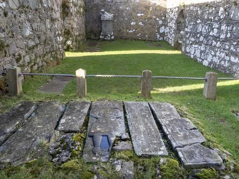 Ancient warrior inscripted grave slabs at Kildalton chapel on Islay, Scotland Stock Photos
