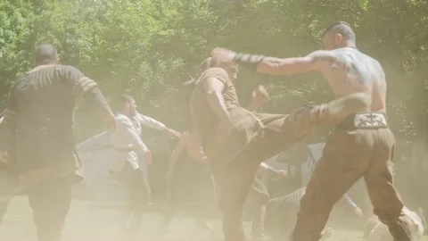 Ancient warrior martial arts fight demonstration at Bulgarian festival Stock Footage 192881170