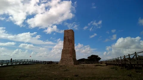 Ancient watchtower called Torre Ladrones in the dunes of Artola, Marbella. Stock Footage 287988891