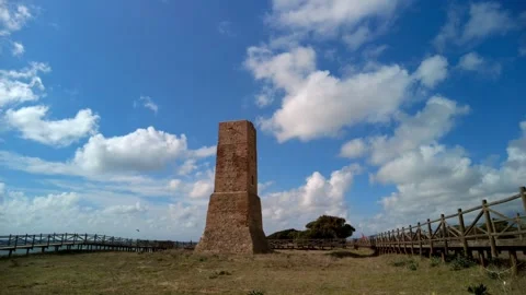 Ancient watchtower called Torre Ladrones in the dunes of Artola, Marbella. Stock Footage 287988893