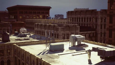 Ancient water structure standing tall among diverse city skylines Stock Footage 343623949