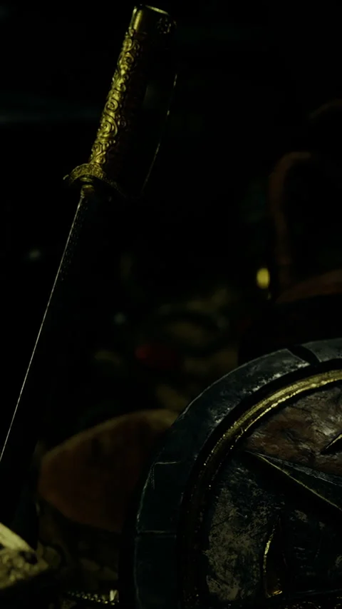 Ancient weapon and shield display in dark room with soft lighting Stock Footage 334882676