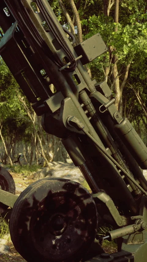 Ancient weapon hidden, Forgotten artillery gun amid lush vegetation Stock Footage 327616204