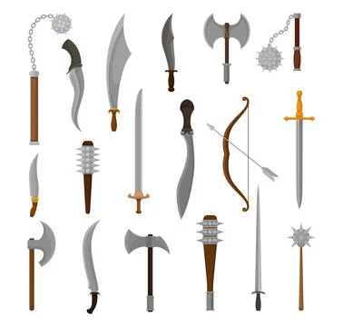 Ancient weapon set. Axe, spear, dagger, bow and arow, knife, sword cartoon Stock Illustration