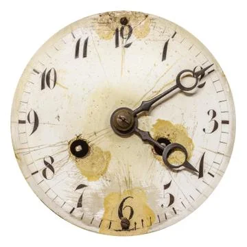 Ancient weathered clock face isolated on white Stock Photos
