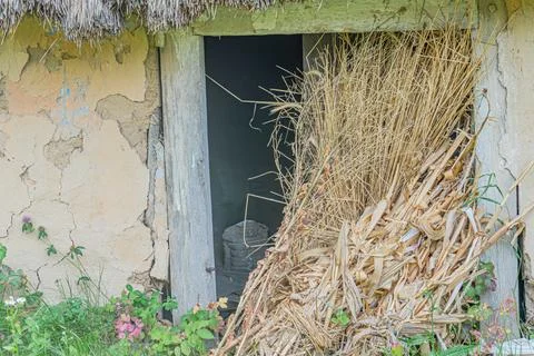 Ancient, weathered mudclay house with a stack of dry grass or hay and pink .. 写真素材