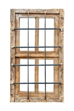 Ancient weathered prison window with rusted steel bars isolated on a white .. Foto stock
