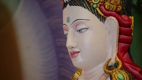 Ancient white buddhist statue - Buddha - pan Stock Footage 79834841