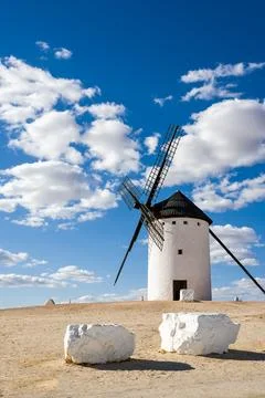 Ancient windmill in Campo de Criptana, SPain, defined in Cervantes' Don Qui.. Stock Photos