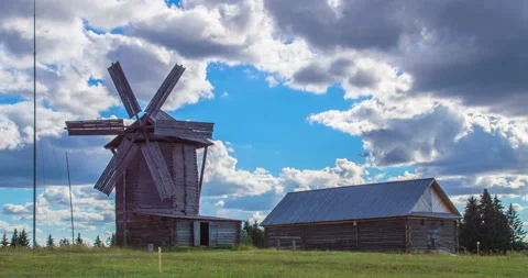 An ancient windmill, a summer sunny day, a time-lapse Stock Footage 88164844