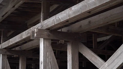 Ancient wooden structure. Bridge made of wooden beams. Rafter system. Fortificat Stock Footage 186118086