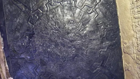 Ancient zodiac ceiling relief inside the Dendera Temple Complex showcasing Stock Footage 330049692