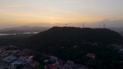 Ancon Hill and Panama Flag at Sunset Aerial View in Panama City Drone Footage Видео 340034973