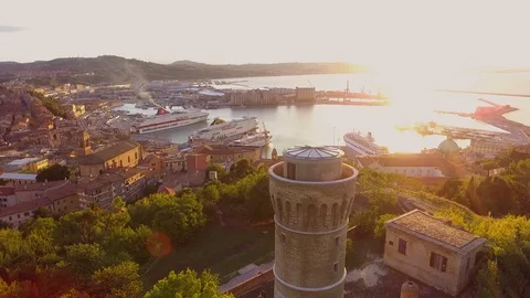 Ancona - Aerial shot of the city center and the old lighthouse Stock Footage