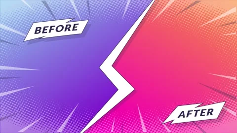 Before and after comparison screen with comic book style background and text Vidéo 346724631