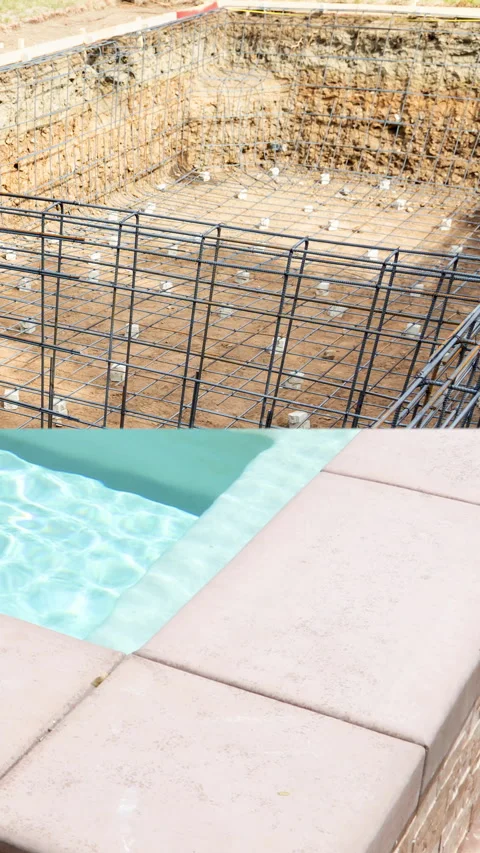 Before and After Construction Transition of a Beautiful Pool On A Summer Day. Stock Footage 323976292