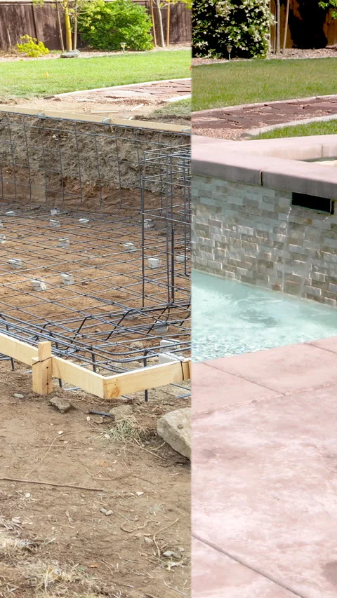 Before and After Construction Transition of a Beautiful Pool On A Summer Day. Stock Footage 323976726