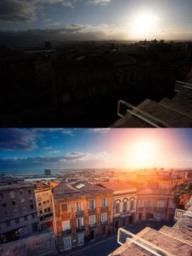 Before and after example of photo editing process, color correction, brightne Stock Photos