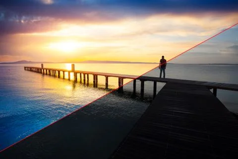 Before and after example of photo editing process, color correction,brightnes Stock Photos