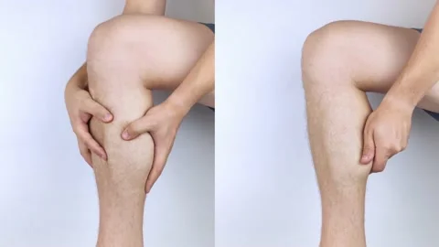 Before and after. On the left man is holding on to the calf muscle because it hu Stock Footage 161141412