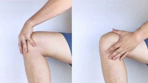 Before and after. On the left, a man is holding onto an injured knee, and on the Stock Footage 161141437
