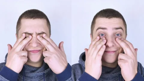 Before and after. On the left the man indicates eyes pain, and on the right, ind Stock Footage 150565927