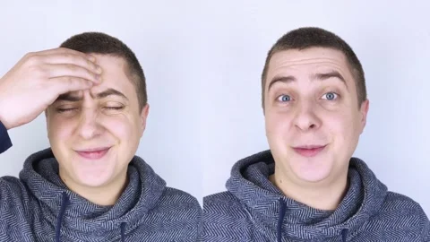 Before and after. On the left, the man indicates a headache, and on the right in Stock Footage 150565977