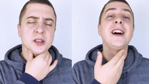 Before and after. On the left, the man indicates a sore throat, and on the right Video stock 150566006