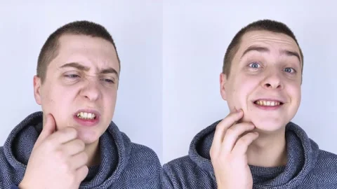 Before and after. On the left, the man indicates teeth pain, and on the right, i Stock Footage 150566058