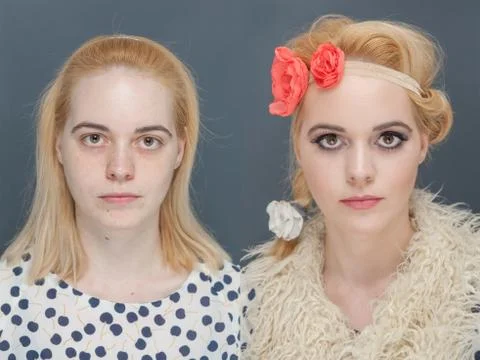Before and after the make-up and styling Stock Photos