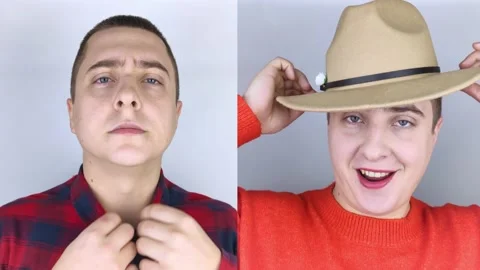 Before and after. The man on the left looks heterosexual, and the man on the rig Stock Footage 146360613