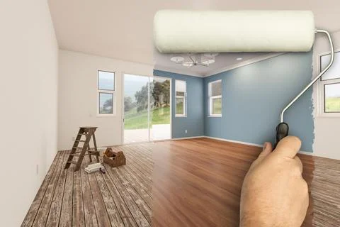 Before and After of Man Using A Paint Roller to Reveal Newly Remodeled Room.. Stock Photos